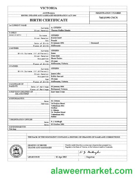 Australia Victoria birth certificate template in Word format, version 2